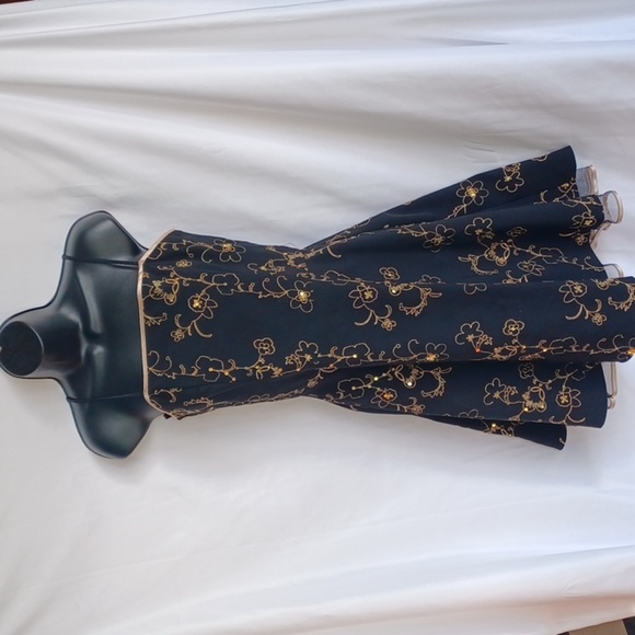 STEPPIN OUT FLORAL VINTAGE DRESS 70s, black & gold, sequin, 37" L, 19"PTP - Picture 1 of 8